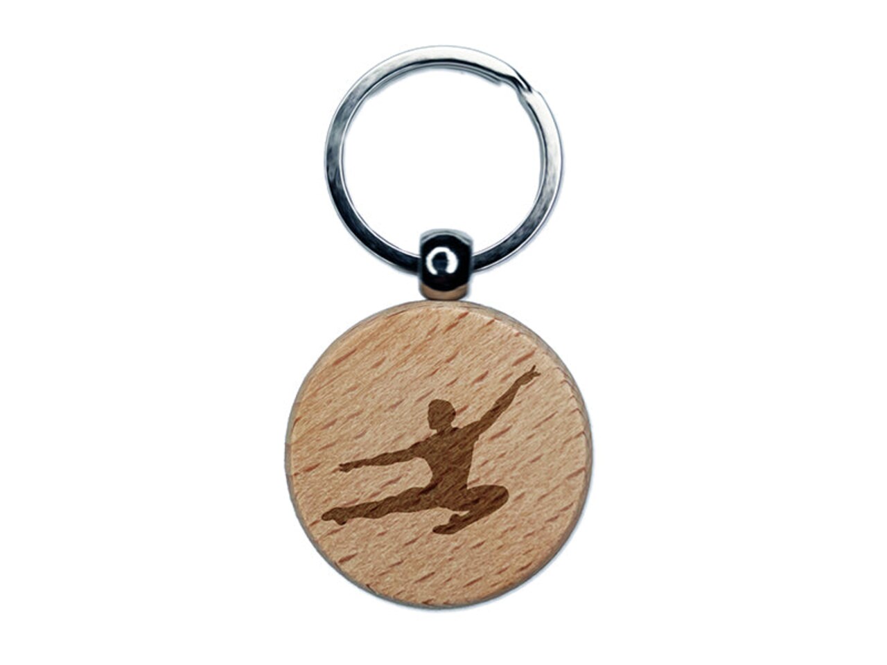 Male Ballet Dancer Jumping Man Boy Engraved Wood Round Keychain Tag Charm